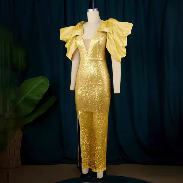Damen Figurbetontes Glamour-Kleid mit schimmerndem Stoff und voluminösen Ärmeln Drune