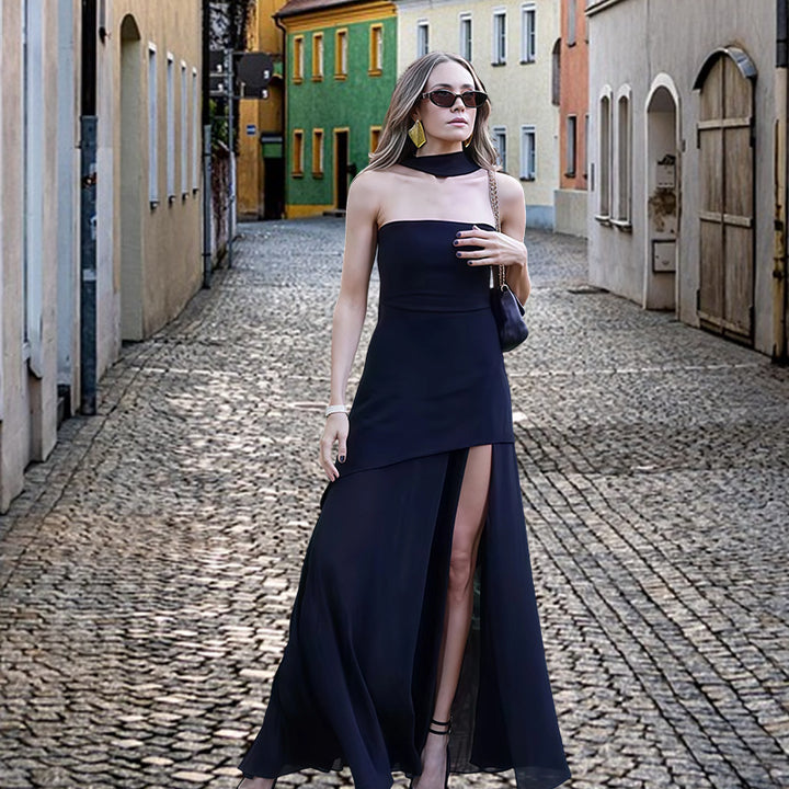 Damen Elegantes Maxikleid mit asymmetrischem Schnitt und schickem Schlitz Drune