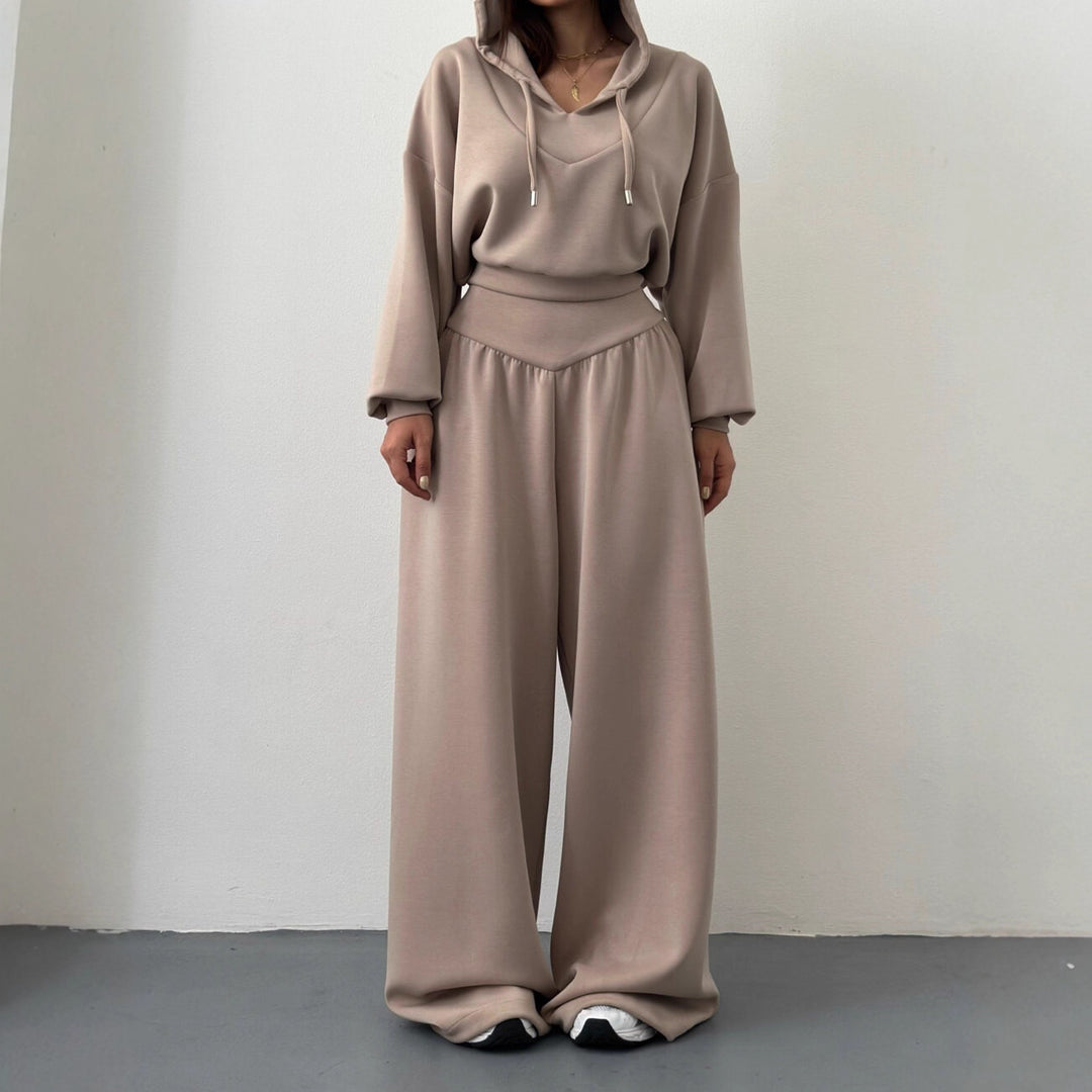 Damen nan luxuriöses Freizeitset Kapuzenpullover mit V-Ausschnittdetail und Culotte mit hoher Taille Drune