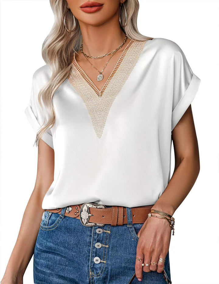 Damen Satin Bluse mit elegantem V-Ausschnitt und raffinierten Spitzenakzenten Drune