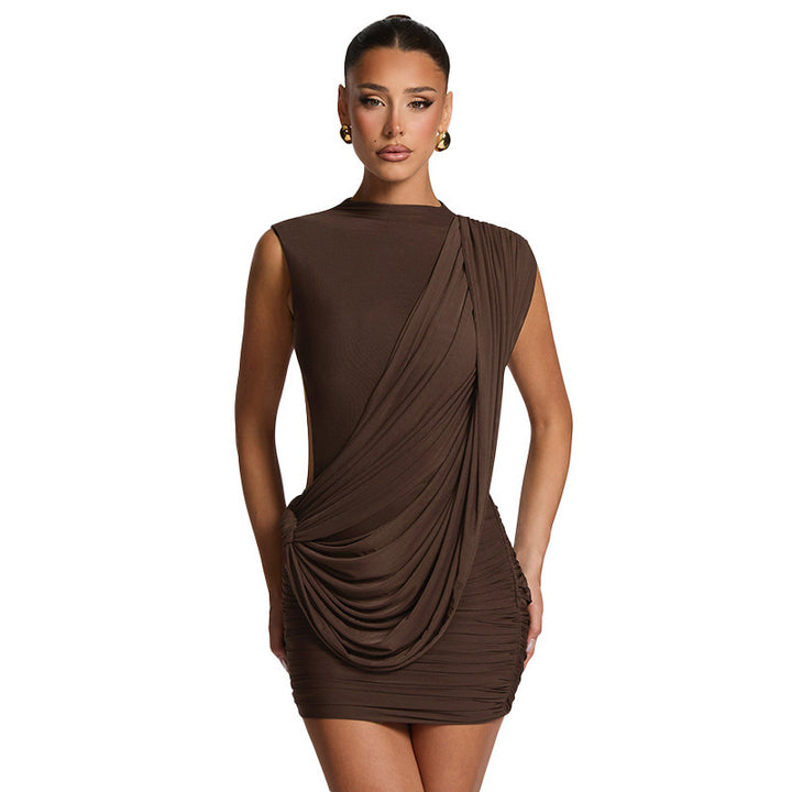 Damen figurbetontes Minikleid mit drapierter Schulterpartie und Raffungen Drune