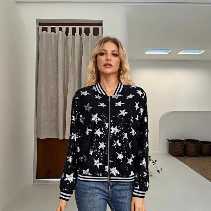 Damen Glitzernde Bomberjacke mit Sternen-Motiv Drune