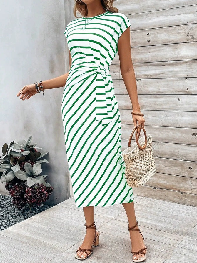 Damen Wickelkleid im modernen Streifenlook mit Taillenknoten Drune