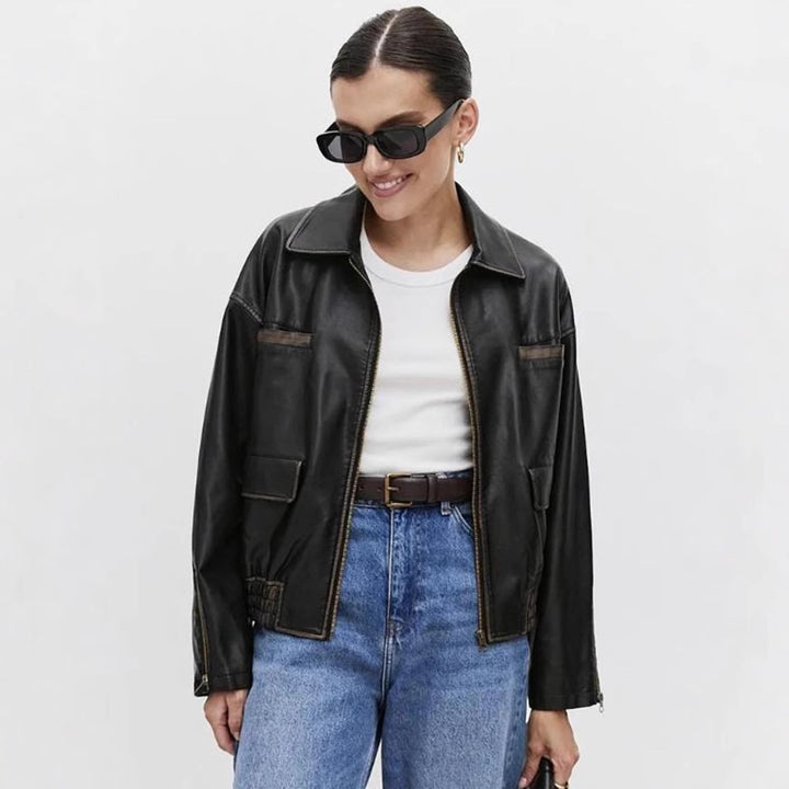 Damen modische Lederjacke mit praktischen Taschen und elastischem Saum Drune