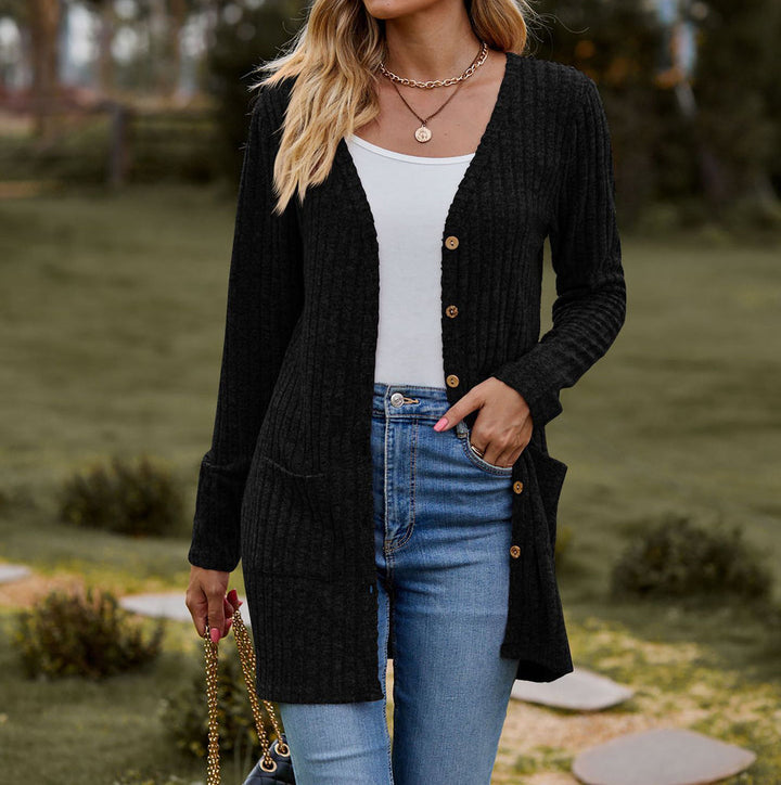 Drune | Strickjacke Wollstrick Lässige Passform Knöpfe Rippstrick mit Taschen