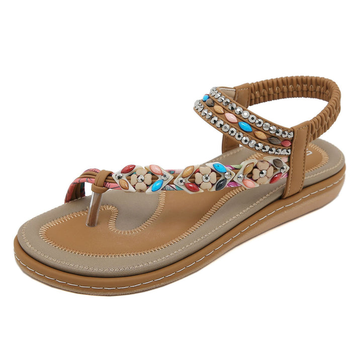 Damen Sandalen im Boho-Stil mit funkelnden Perlenverzierungen und bequemem Fußbett Drune