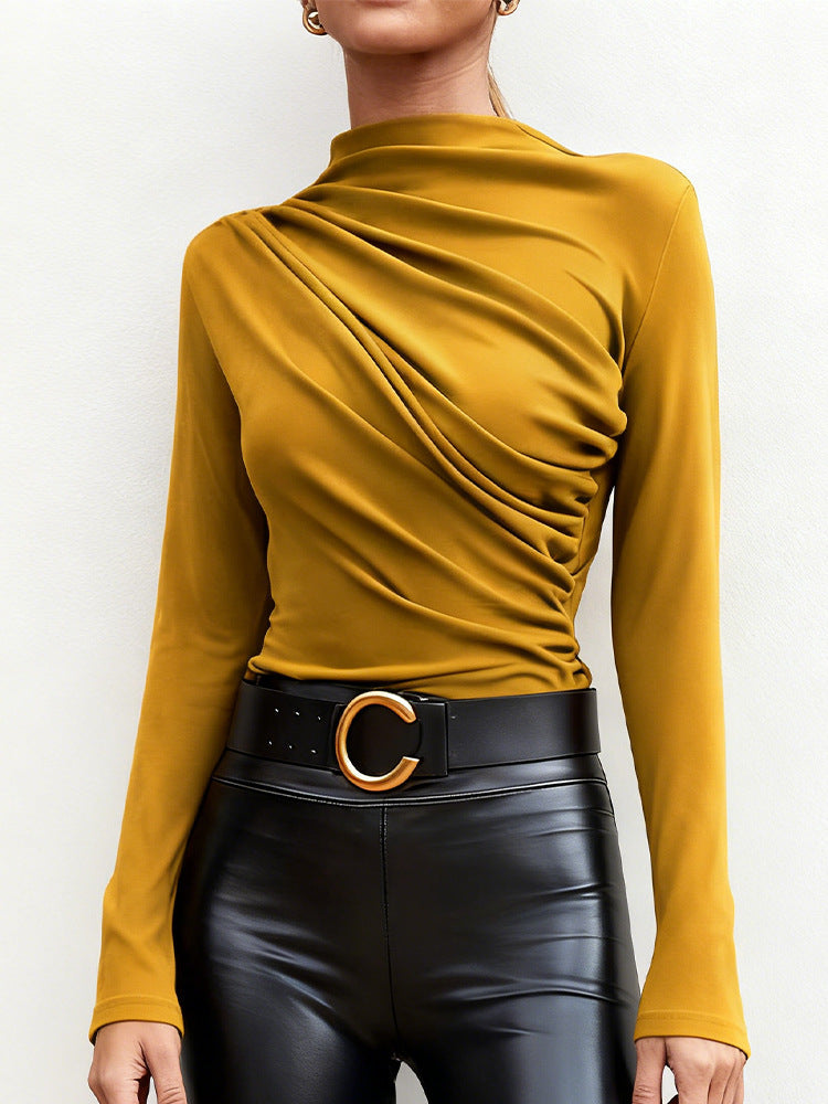 Damen elegantes Langarmshirt mit luxuriösem Drapierungsdesign und schickem Stehkragen Drune