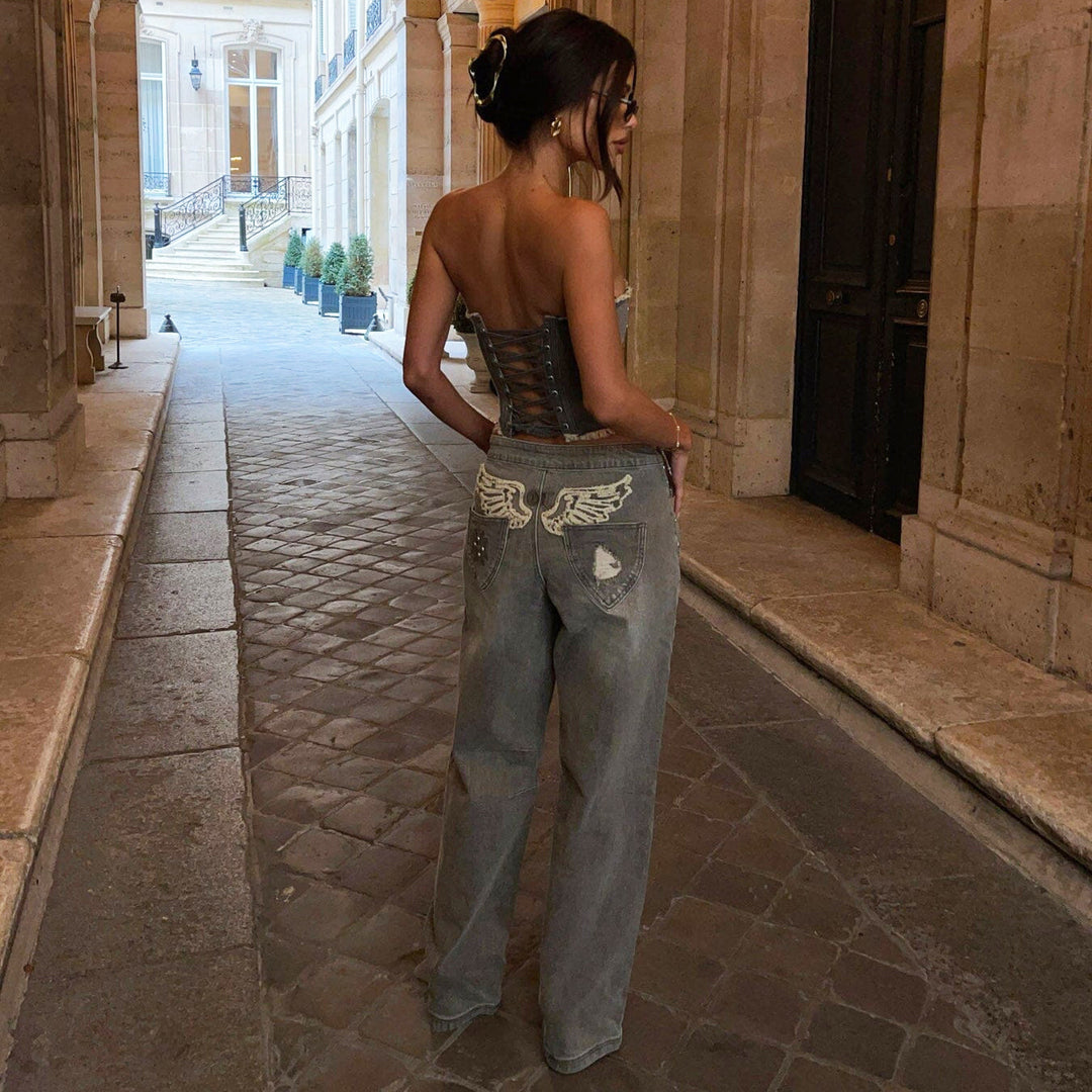 Damen Crop-Top und weiter Jeans mit dekorativen Akzenten Drune