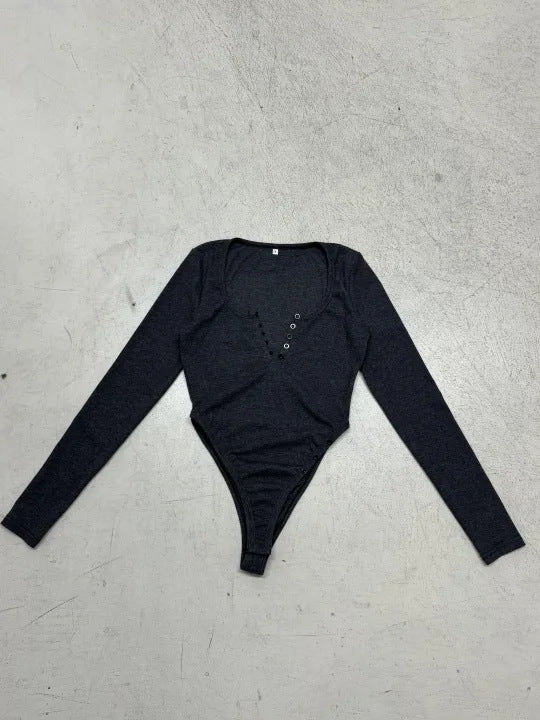 Damen figurbetonter Langarmbody mit elegantem V-Ausschnitt und Druckknopfdetail Drune