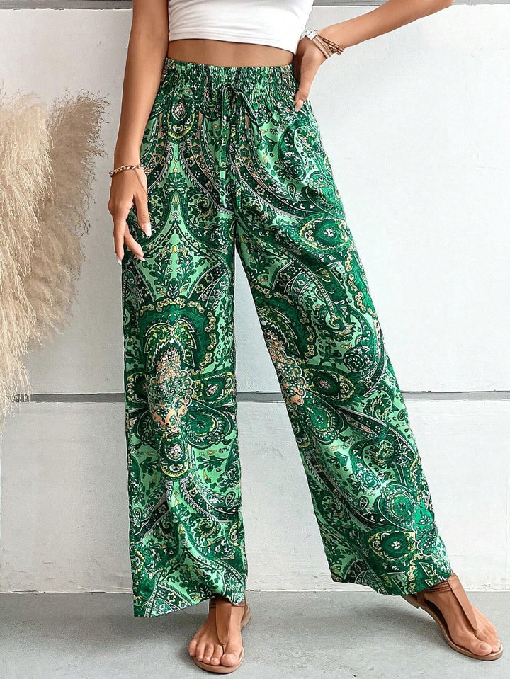 Damen weite Palazzo-Hose mit elastischem Bund und elegantem Paisleymuster Drune