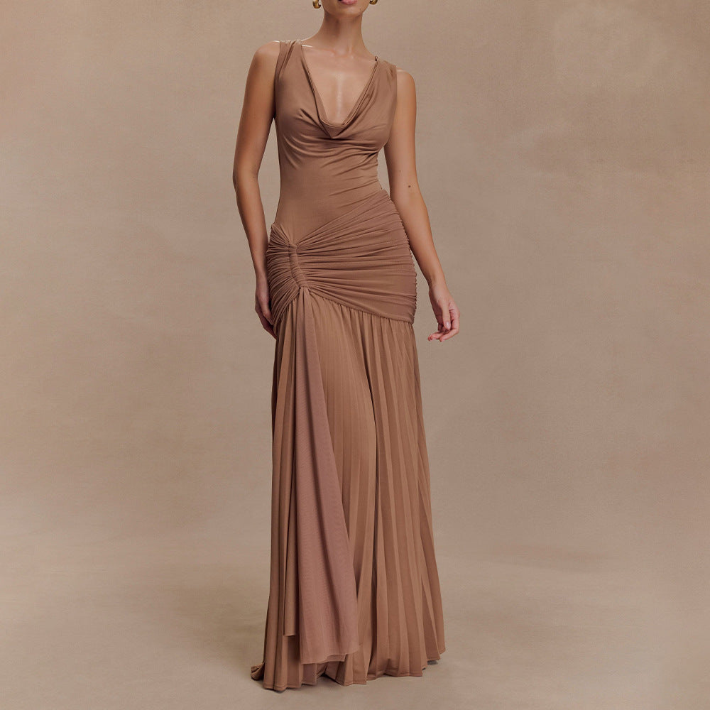 Damen Elegantes Maxikleid mit fließendem Stoff und Raffungen Drune