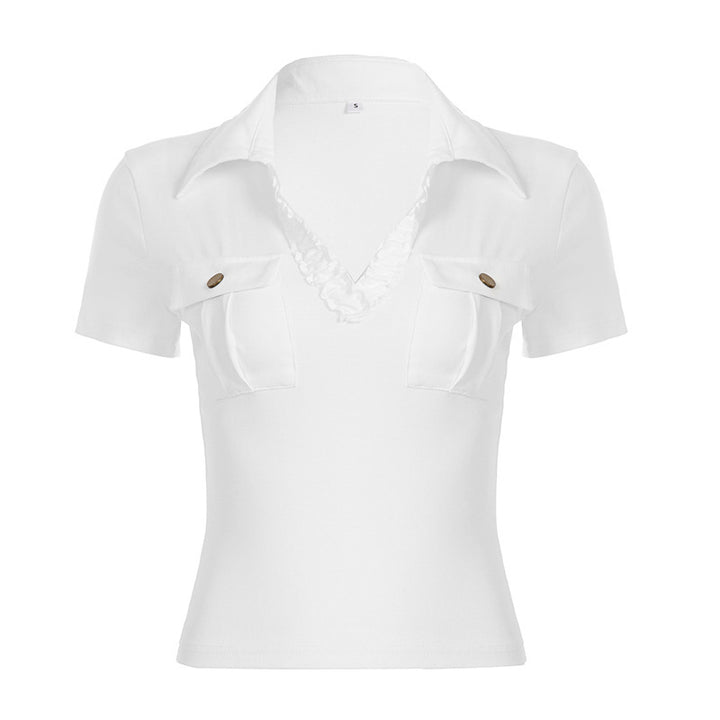Damen lässiges Polohemd mit dekorativem Kragen und Taschen Drune
