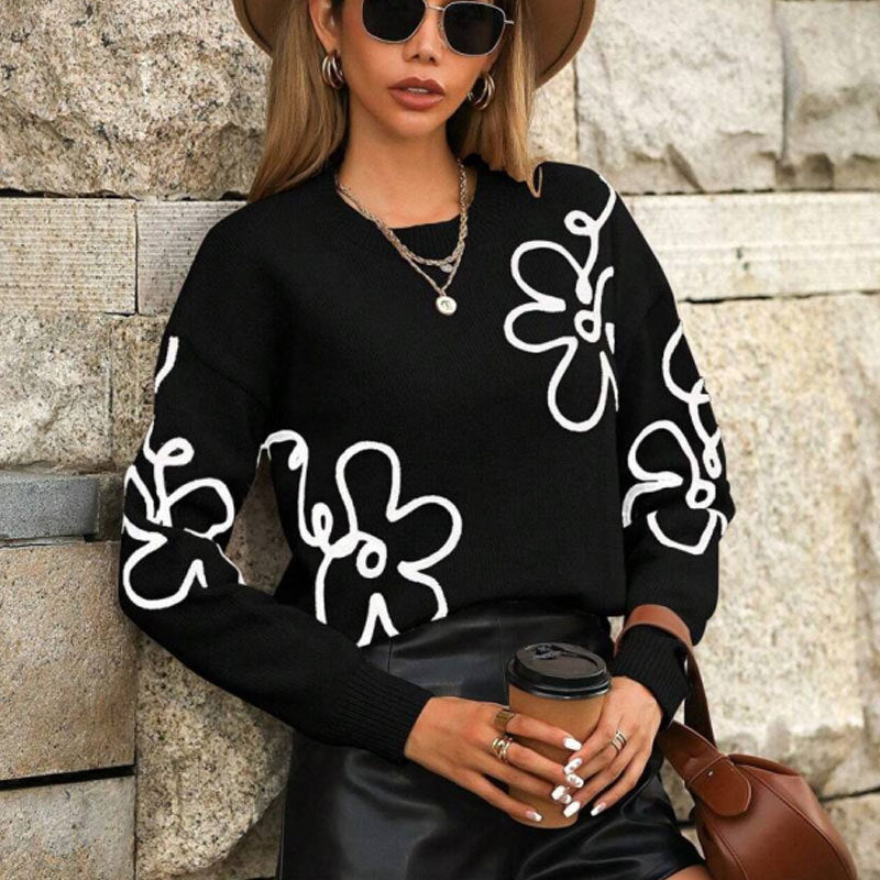 Damen modischer Pullover mit floralen Applikationen Drune