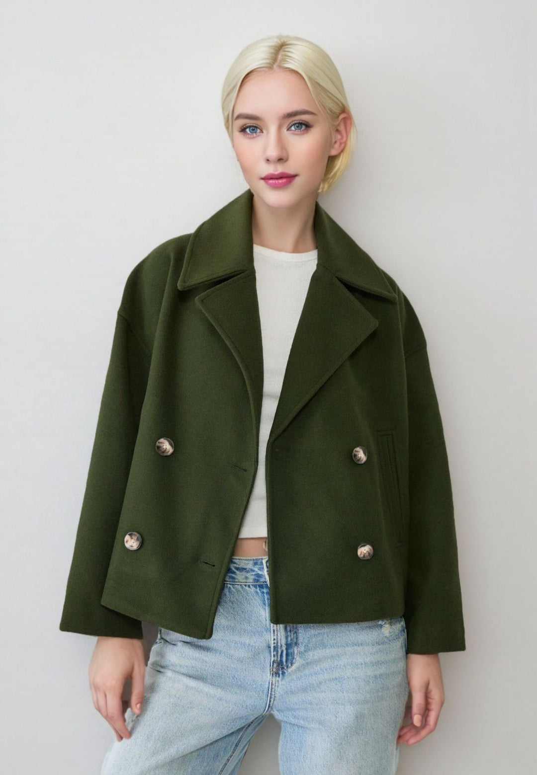 Damen nan kurzes doppeltreihiges Wollmix-Manteljacke im Boxy-Cut mit weitem Reverskragen Drune