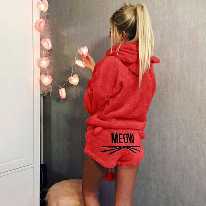 Damen nan kuscheliges zweiteiliges Lounge-Set mit Kapuzenpullover und Shorts mit MEOW-Stickerei Drune