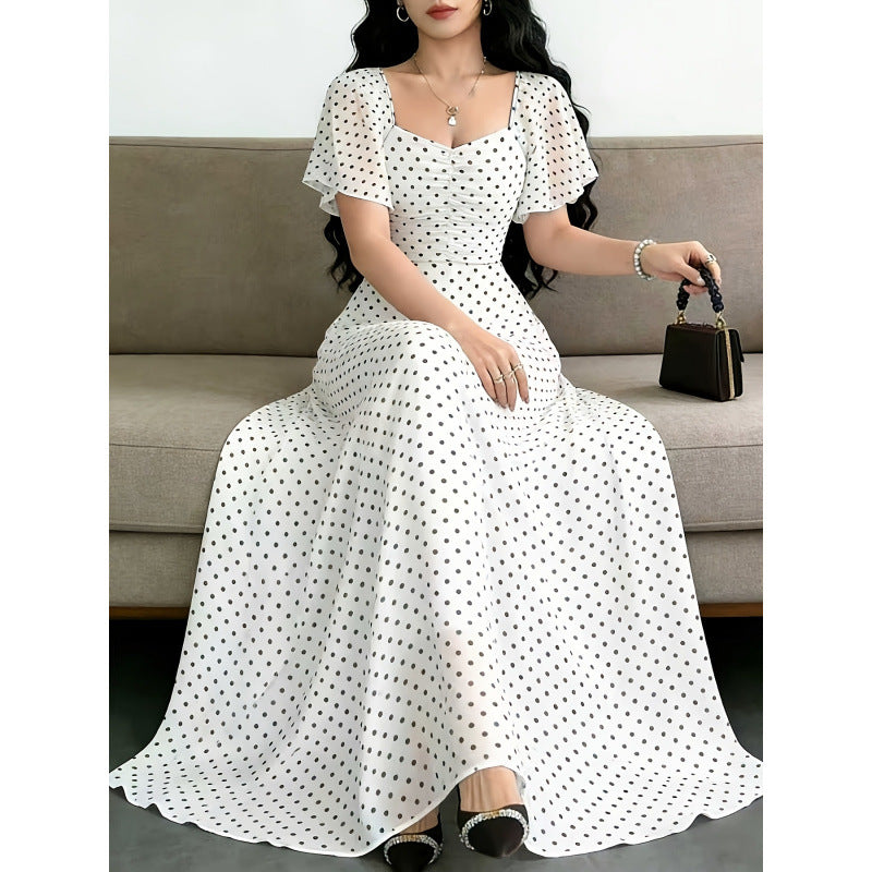 Damen Maxikleid mit voluminösen Rüschenschultern und vintage Punktedesign Drune