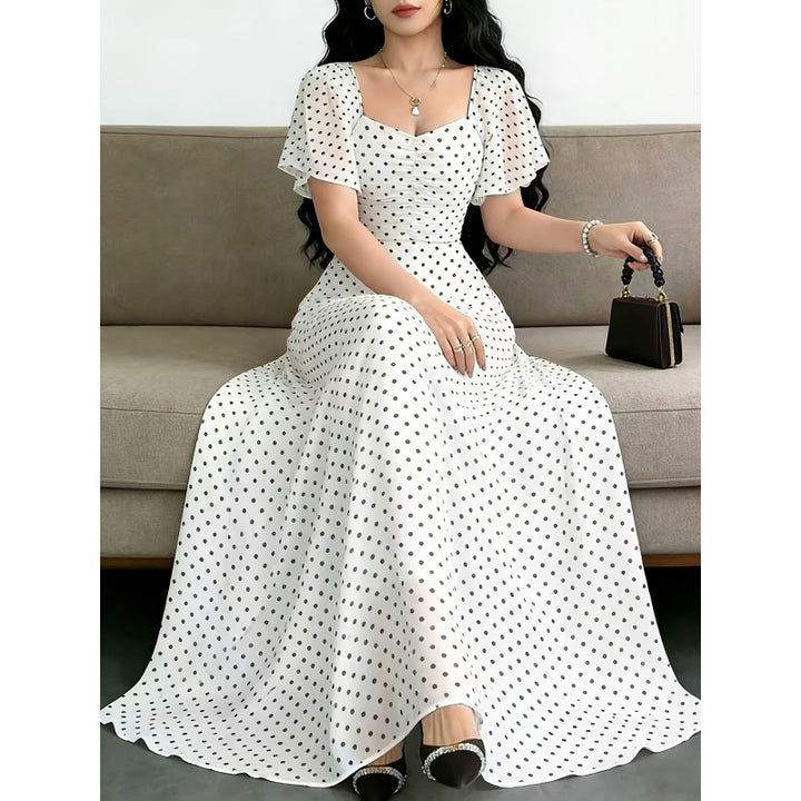 Damen Maxikleid mit voluminösen Rüschenschultern und vintage Punktedesign Drune