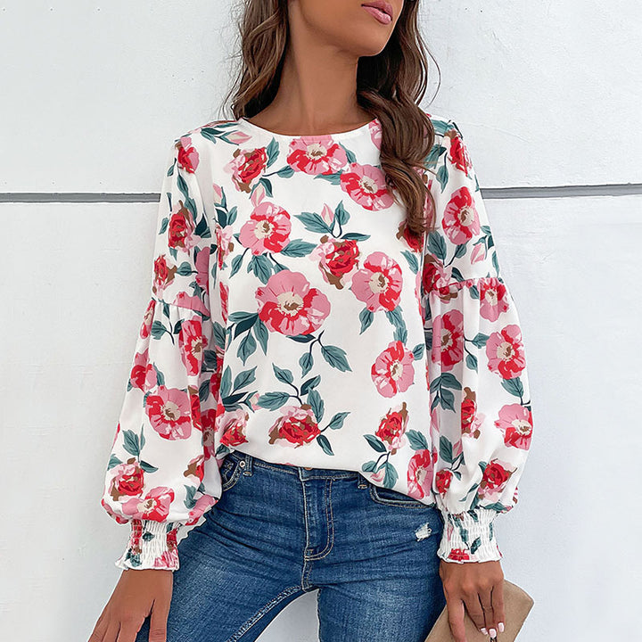 Damen elegante Bluse mit gefülltem Ärmel und floralem Muster Drune