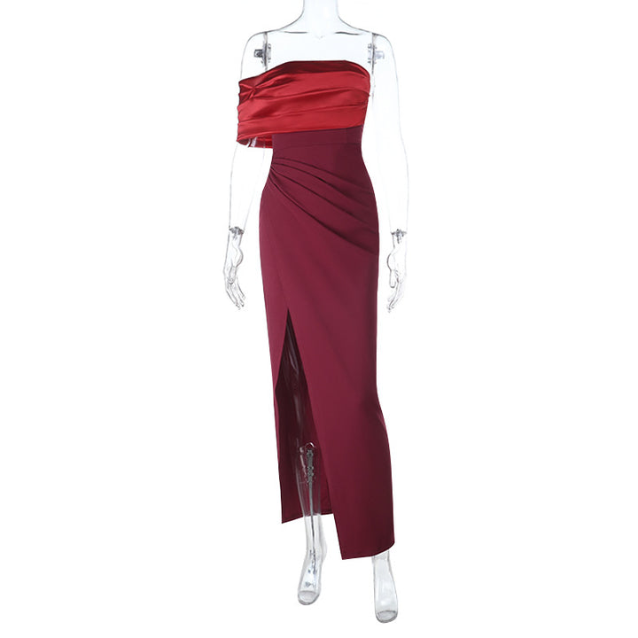 Damen schulterfreies Abendkleid mit elegantem Drapierungseffekt und hohem Schlitz Drune