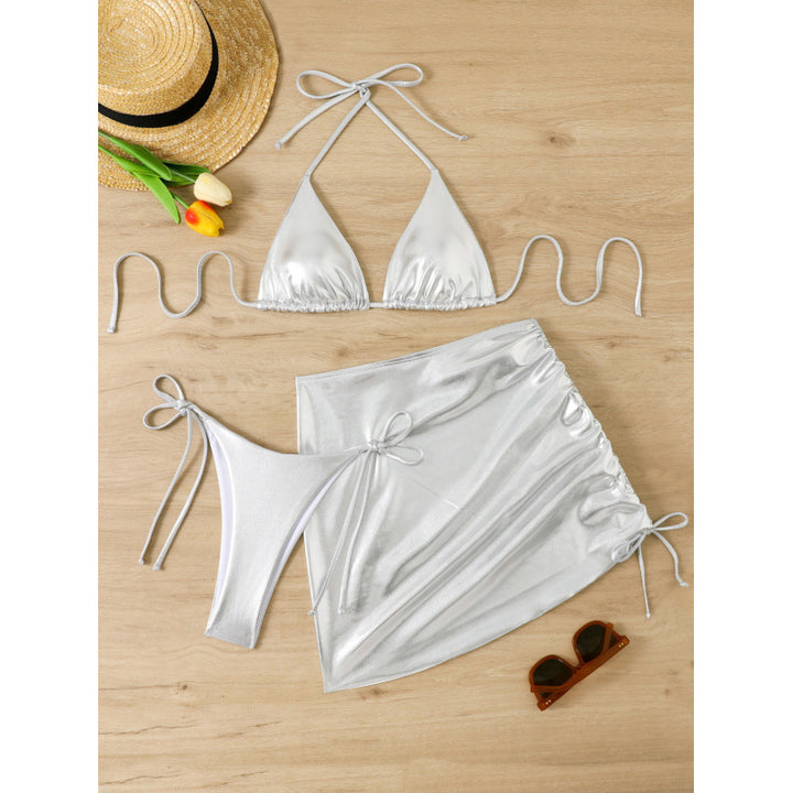 Damen glänzendes Bikini-Set mit verstellbaren Trägern und Wickelrock Drune