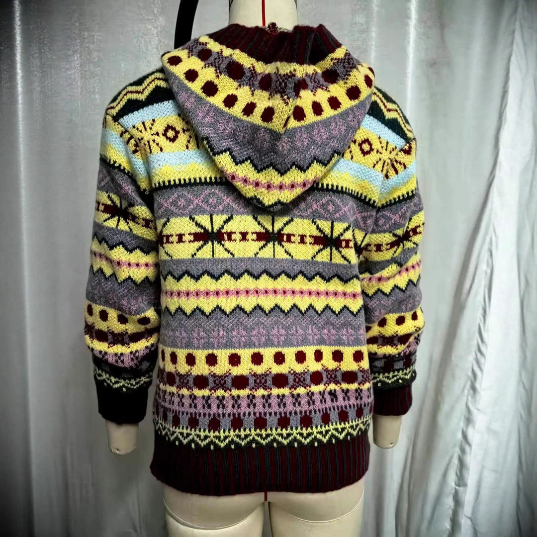 Damen nan oversized Strickkapuzenpullover mit Norwegermuster, gefütterter Kapuze und gerippten Bündchen Drune