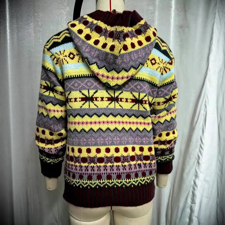 Damen nan oversized Strickkapuzenpullover mit Norwegermuster, gefütterter Kapuze und gerippten Bündchen Drune