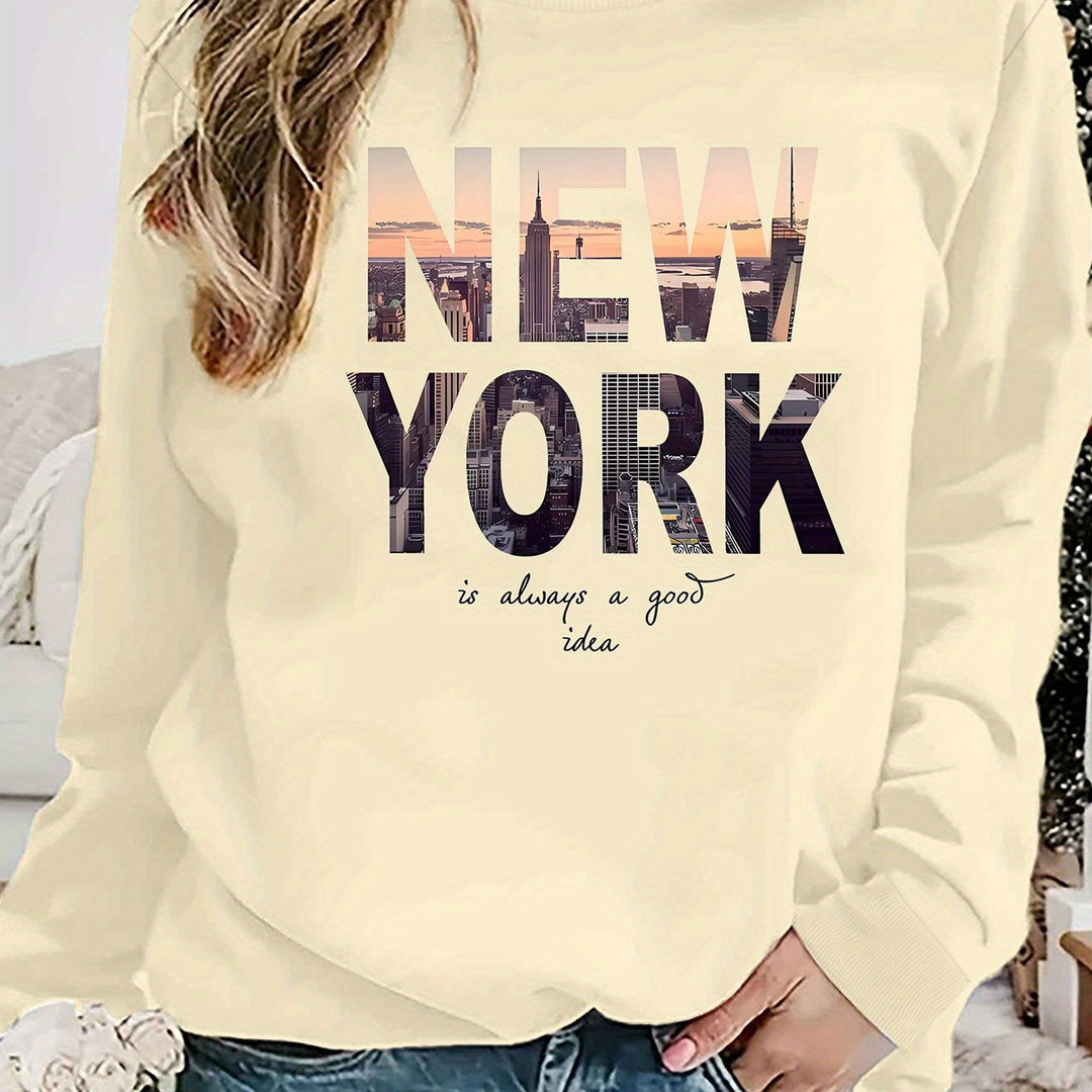 Damen Sweatshirt mit kreativem New York Skyline Druck und gemütlichem Schnitt Drune