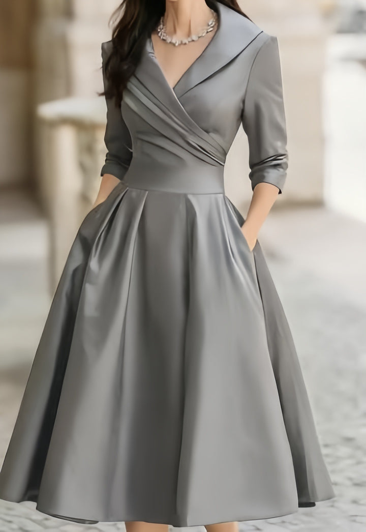 Damen nan elegantes Midikleid mit Wickeloberteil, Dreiviertelärmeln und Eingrifftaschen Drune