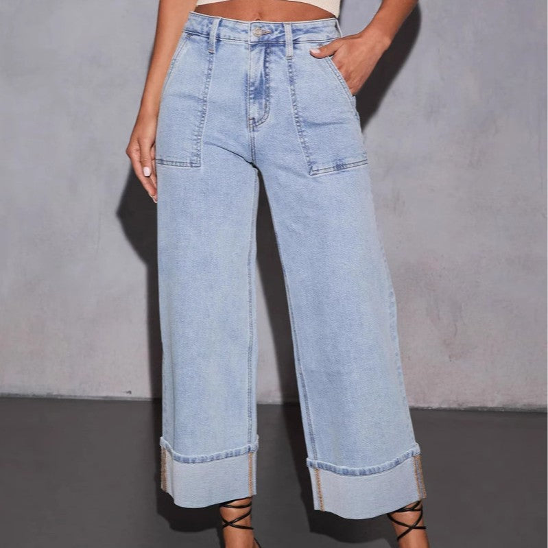 Damen Weit geschnittene Jeans mit Taschen und modischem Saum Drune