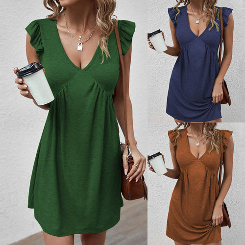 Damen Freizeitkleid mit V-Ausschnitt und Rüschenausschnitten Drune