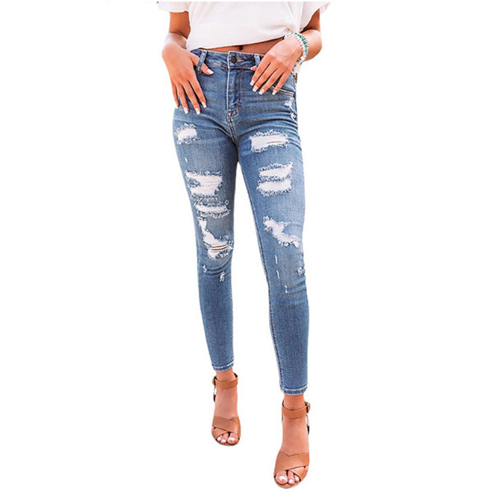 Damen nan hochgeschnittene Ripped-Skinny-Jeans mit Stretch, Five‑Pocket und figurformender Passform Drune