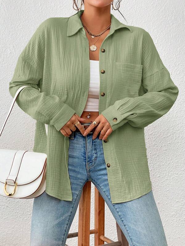 Damen Lässiges Overshirt mit Knopfleiste und Brusttasche Drune