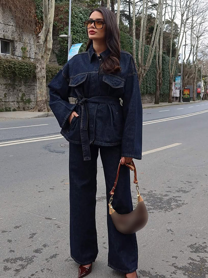 Damen lässige Denim-Jacke mit Gürtel und weitem Schnitt Drune