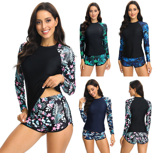 Damen Sportlicher Langarm Rashguard mit buntem Pflanzenmuster Drune