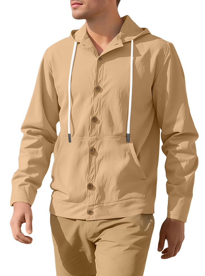 Herren nan leichte Kapuzenjacke mit Knopfleiste, Kängurutasche und Tunnelzug Drune
