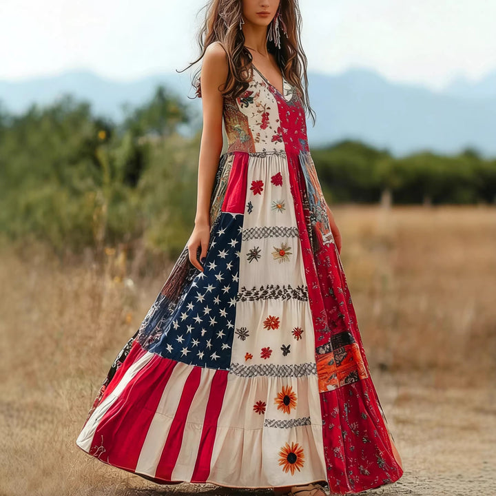 Damen Baumwoll Maxikleid mit Muster Mix und V-Ausschnitt Drune