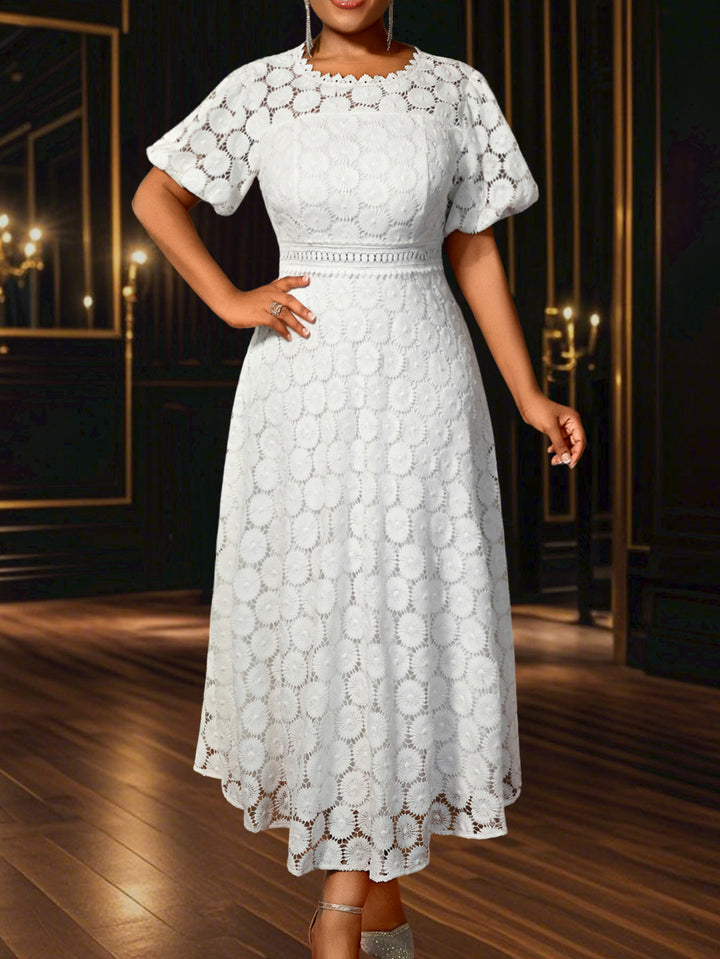 Damen Midi-Kleid mit eleganter Spitzenapplikation und Puffärmeln Drune