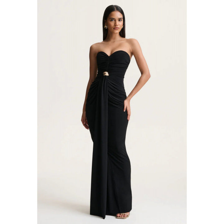 Damen Elegantes langes Abendkleid mit gerafftem Oberteil und goldener Schnalle Drune