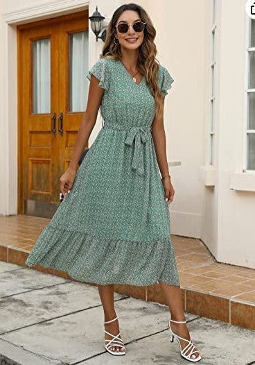 Damen Midi-Kleid mit floralem Design und Taillengürtel Drune
