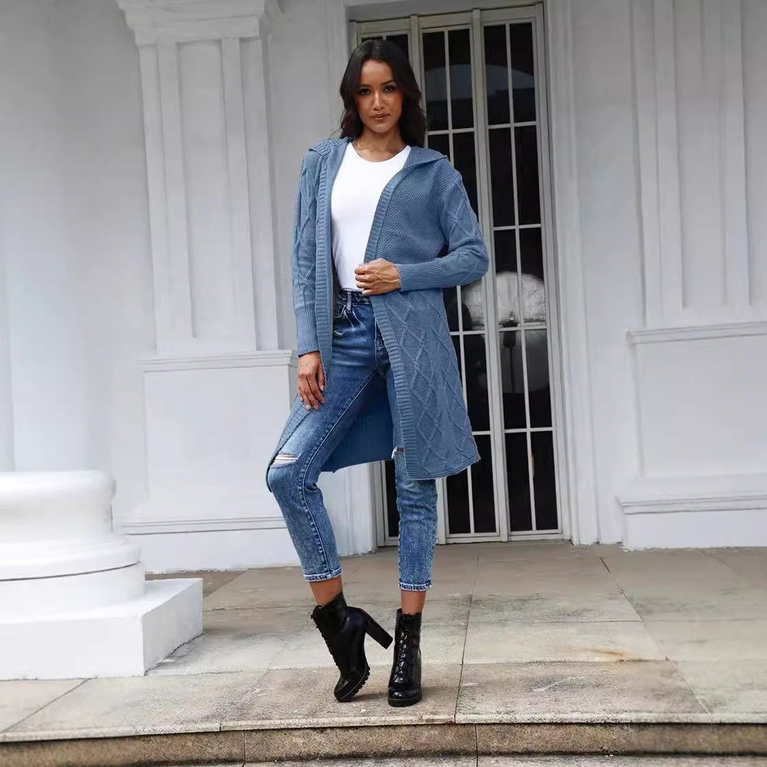 Damen Strickmantel mit elegantem Zopf-Design und bequemer Kapuze Drune