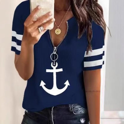 Damen Sportliches T-Shirt mit Reißverschluss und maritimen Motiven Drune
