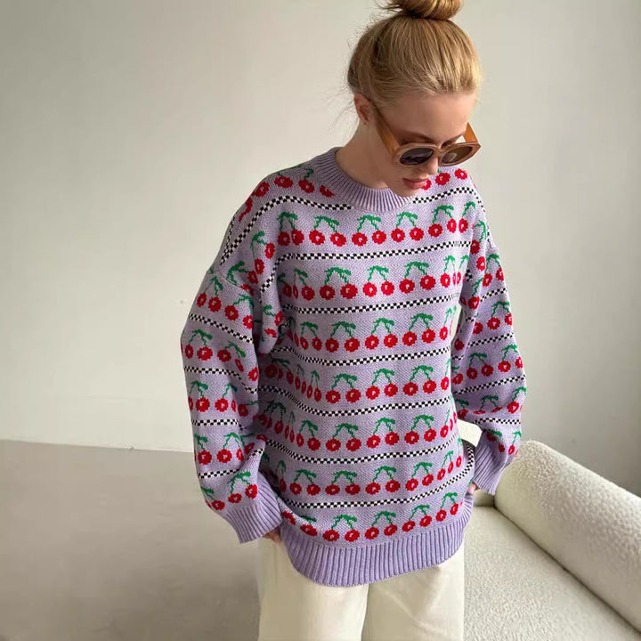 Damen trendiger Strickpullover mit fröhlichem Kirschmotiv Drune