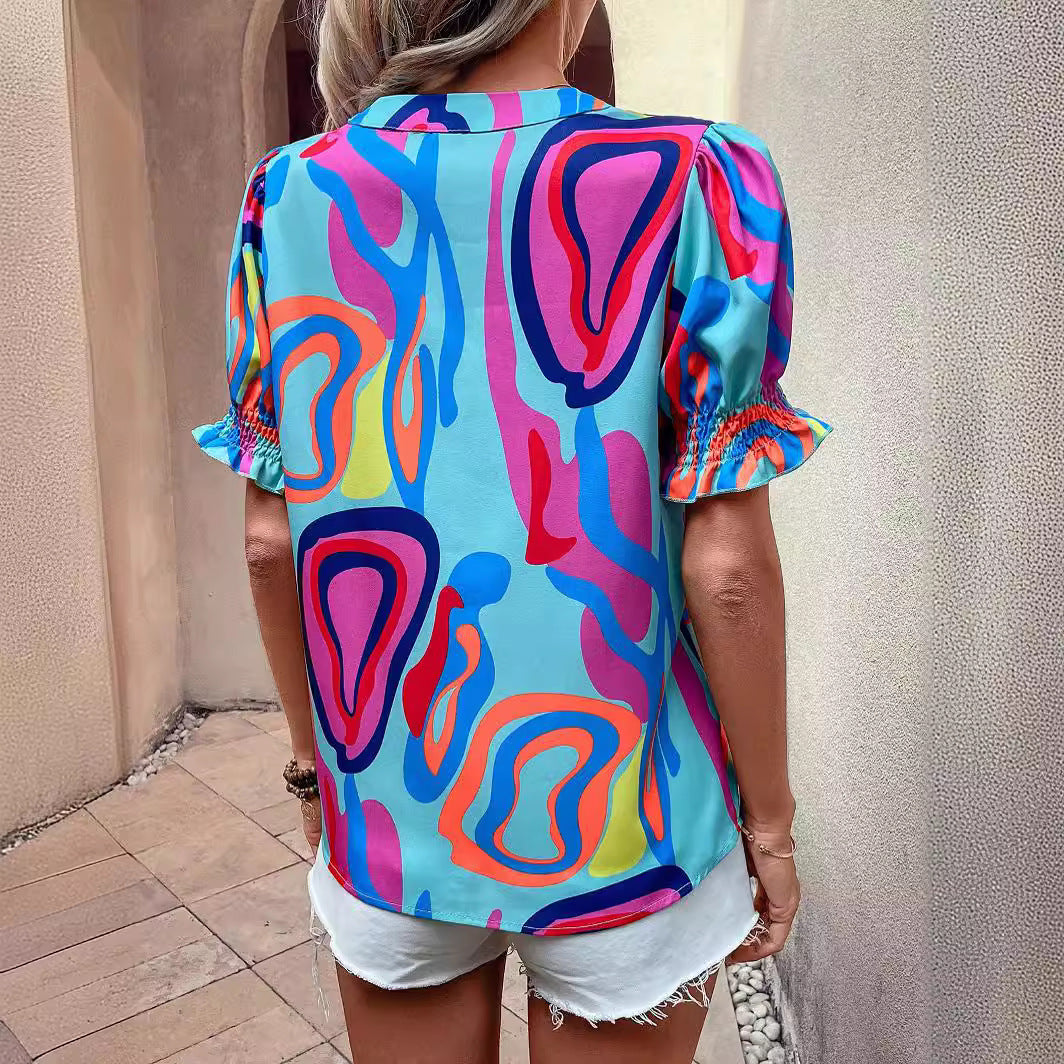 Damen Bluse mit kessen Puffärmeln und kreativem Grafikdesign Drune