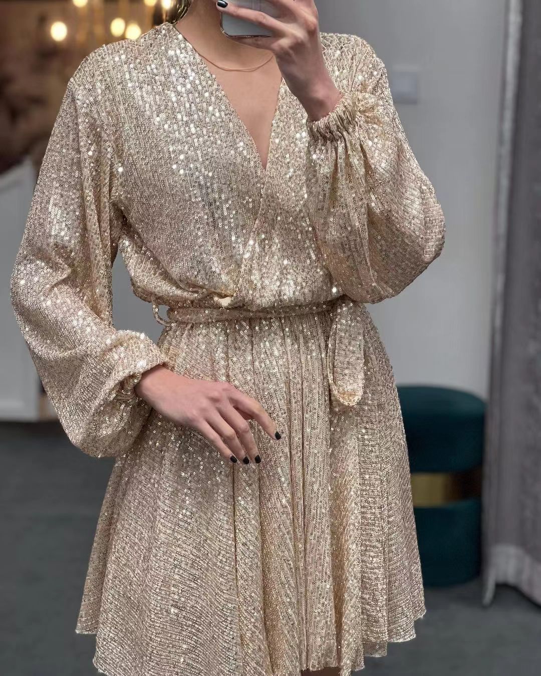 Damen funkelndes Cocktailkleid mit V-Ausschnitt und Taillengürtel Drune