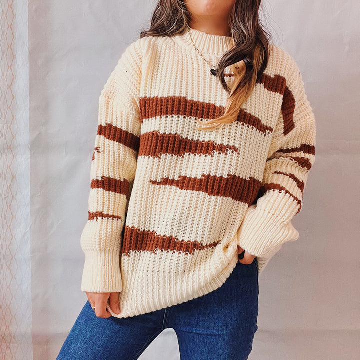Damen Grobstrickpullover mit luxuriösem Muster und körperbetontem Schnitt Drune