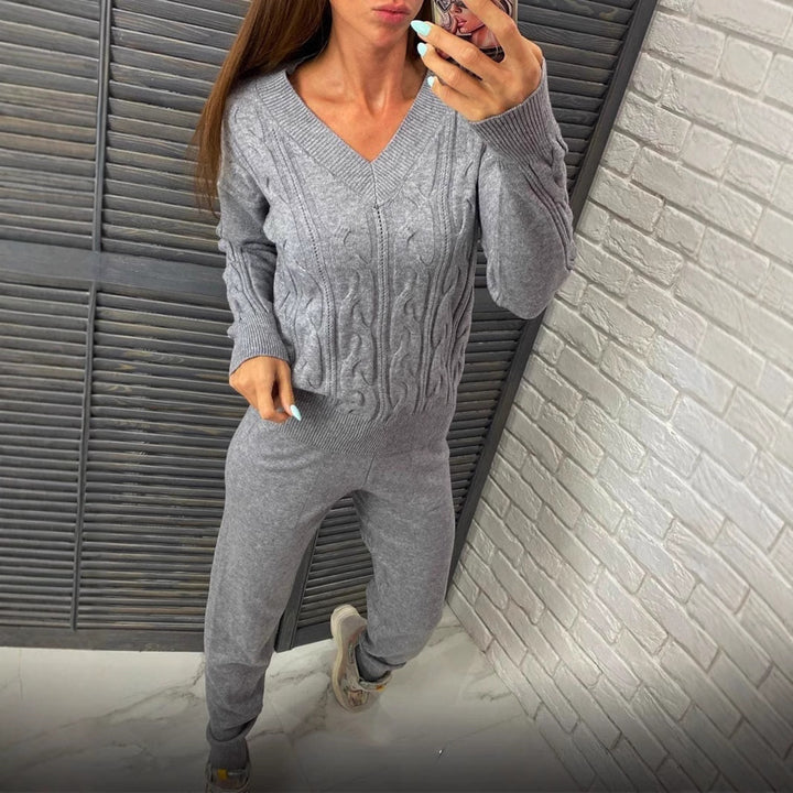 Damen Strickpullover und Jogginghose Set mit Zopfmuster Drune