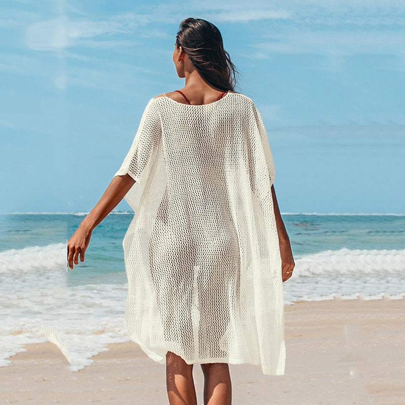Damen Strandkleid mit romantischem Häkelmuster und voluminösen Ärmeln Drune