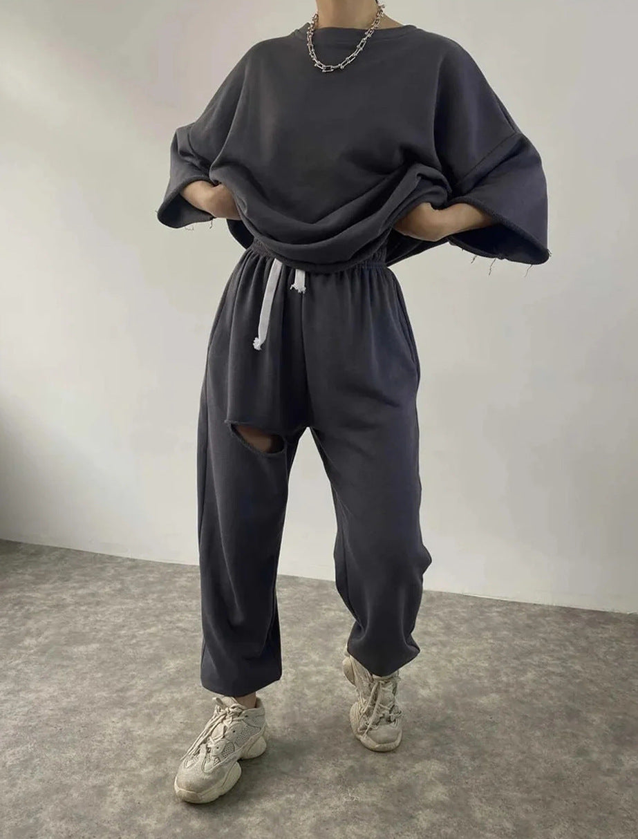 Damen kuscheliges und lässiges Lounge-Set mit weit geschnittenem Oberteil und Jogginghose Drune