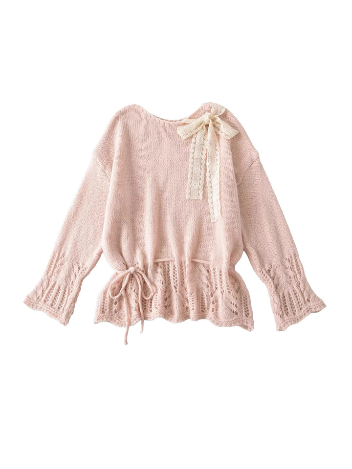 Damen stylisches Strickoberteil mit eleganter Raffinesse und Bindebändern Drune