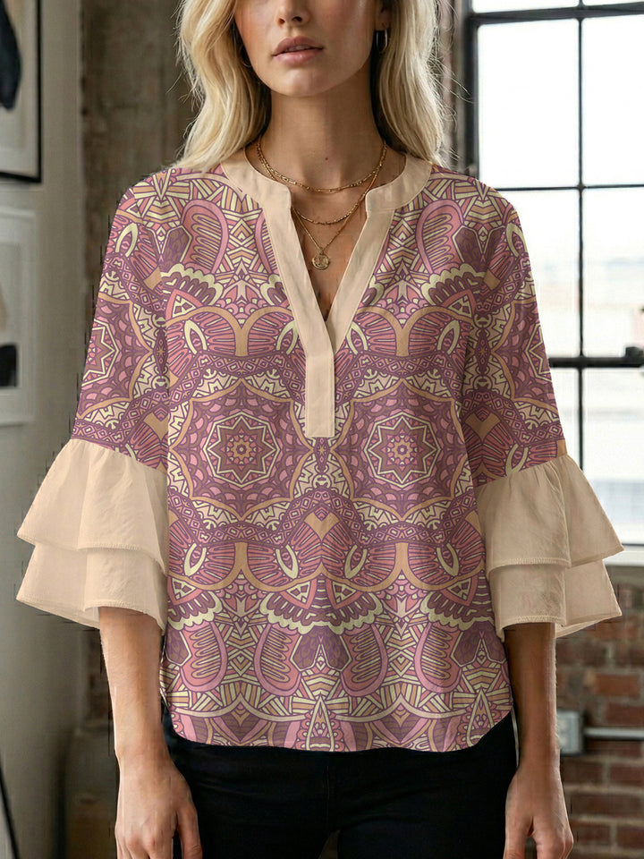 Damen elegantes Blusenshirt mit voluminösen Rüsenärmeln und grafischem Blumendesign Drune